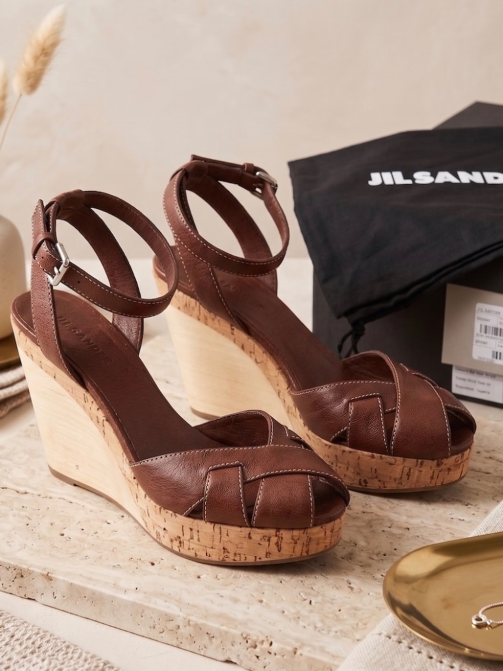 Jil Sander Y2K Leather Cork Wood Wedge Sandals Brown 37.5 Made in Italy